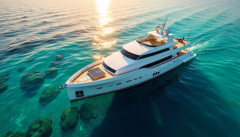 Yacht with solar panels near a reef during sustainable yachting practices in Australia.